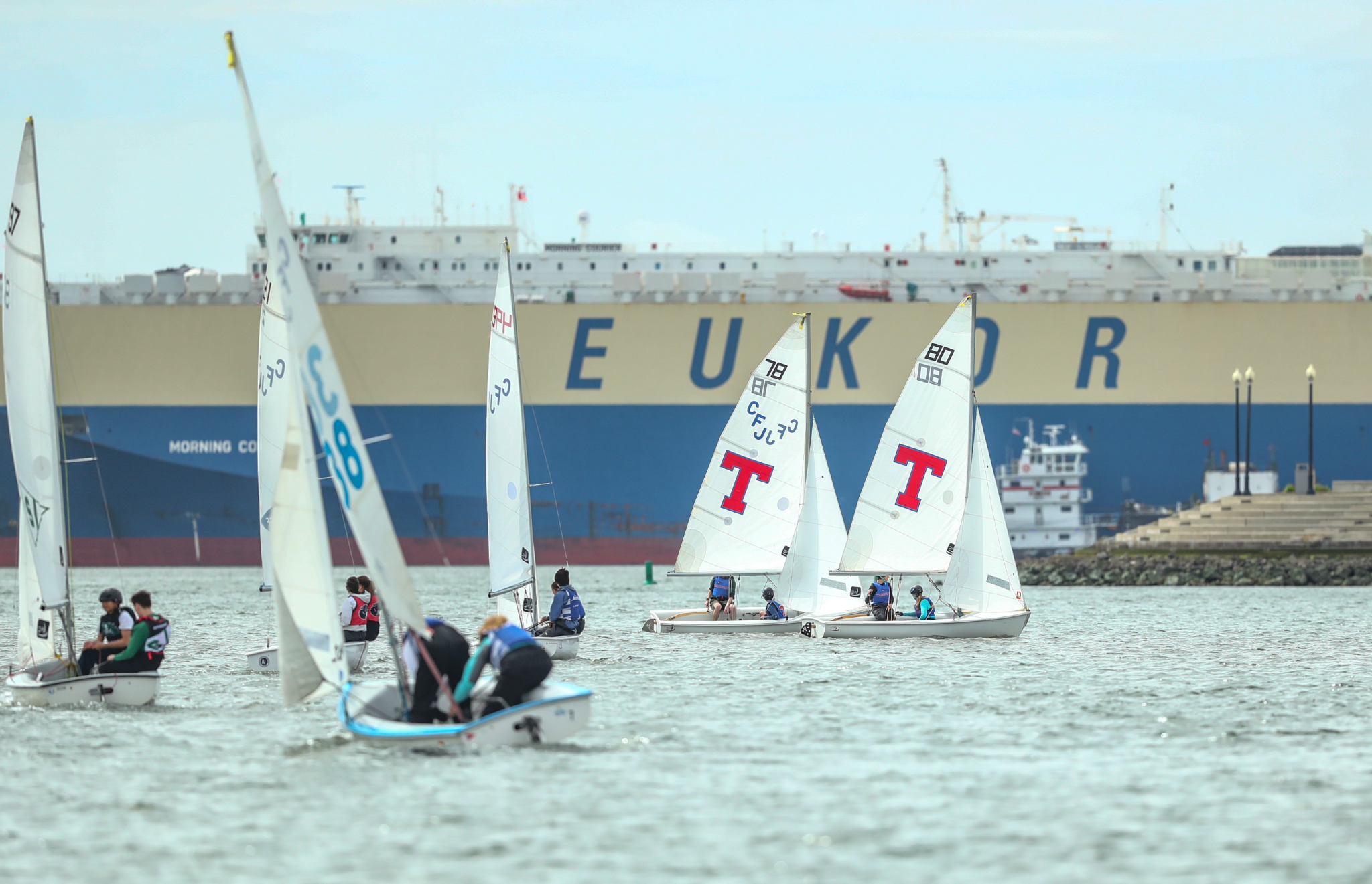 FJ sailboats launching from the beach at a regatta